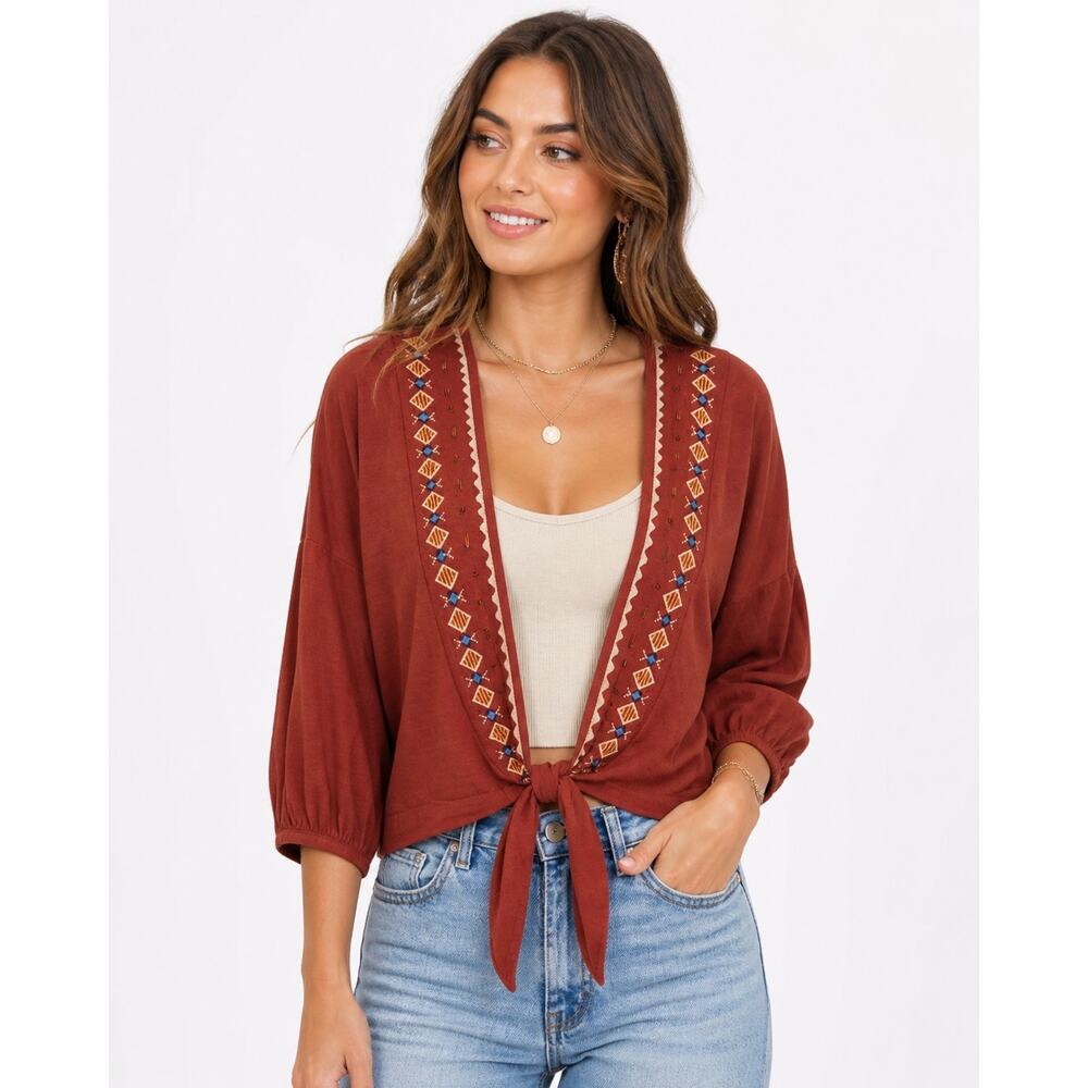 Boho Embroidered Tie Front Cardigan Womens Medium Rust Cropped Festival Top